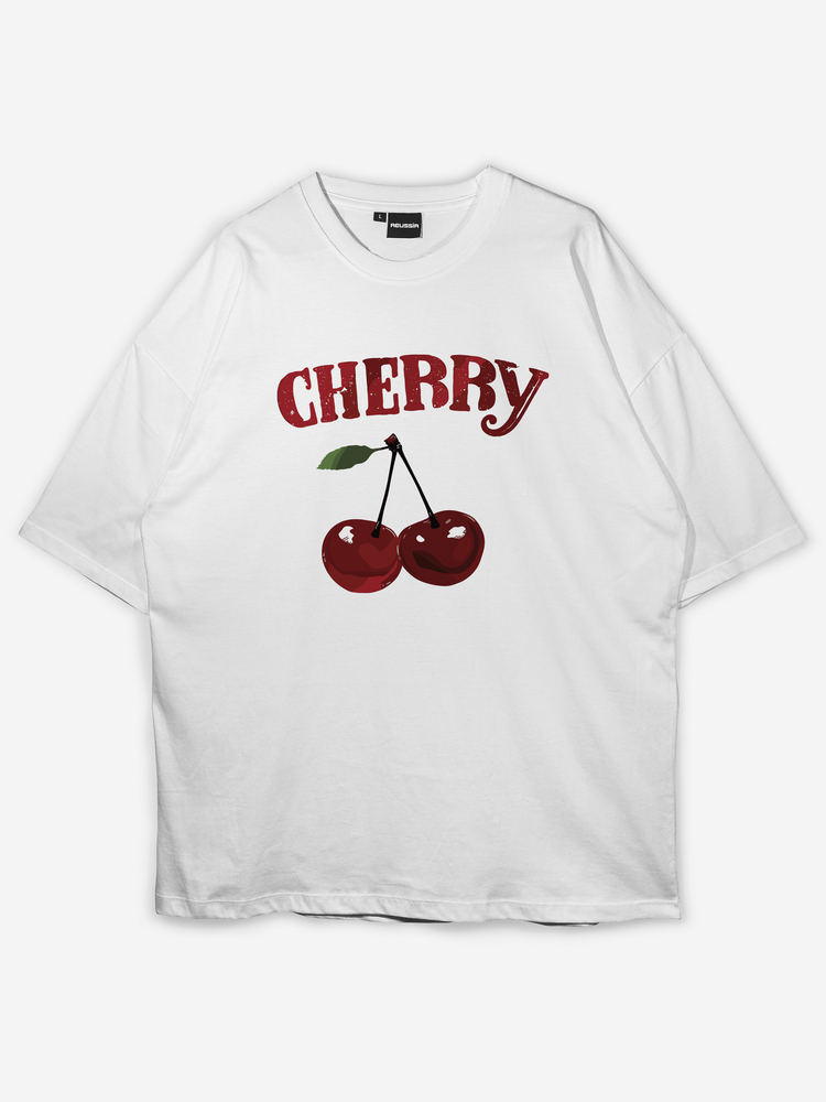 Cheery Baskılı Oversize Beyaz T-shirt