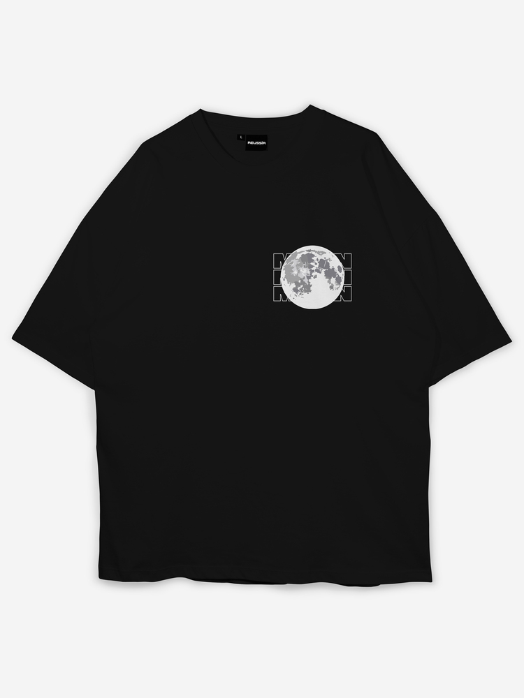 Moon Baskılı Oversize Siyah T-shirt 