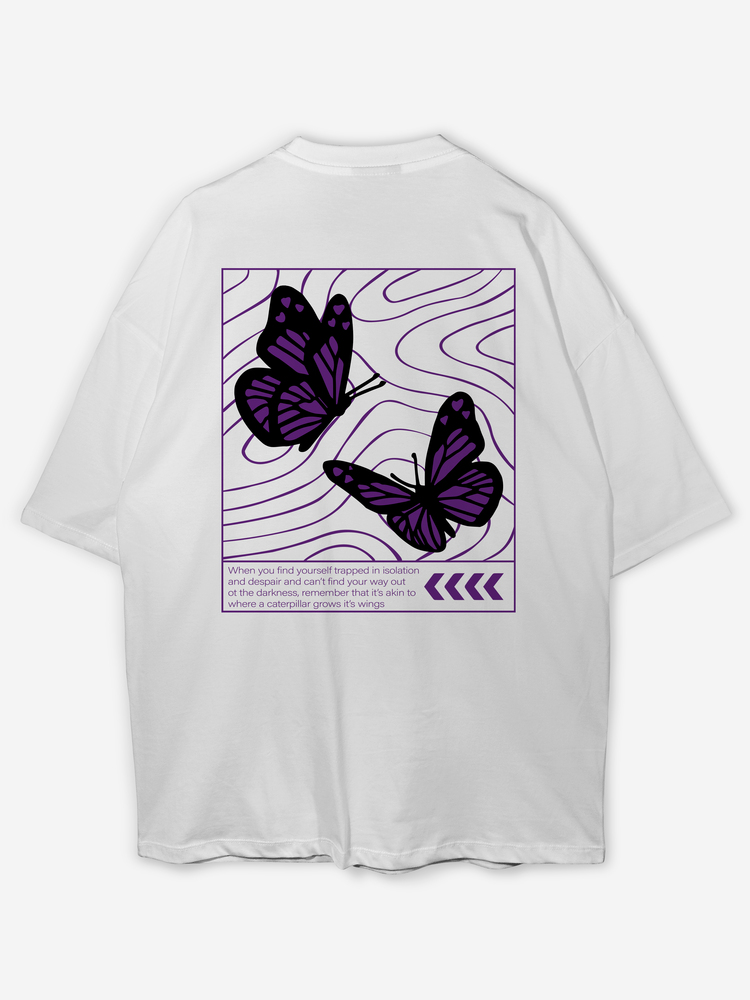 Butterfly Baskılı Oversize Beyaz T-shirt 