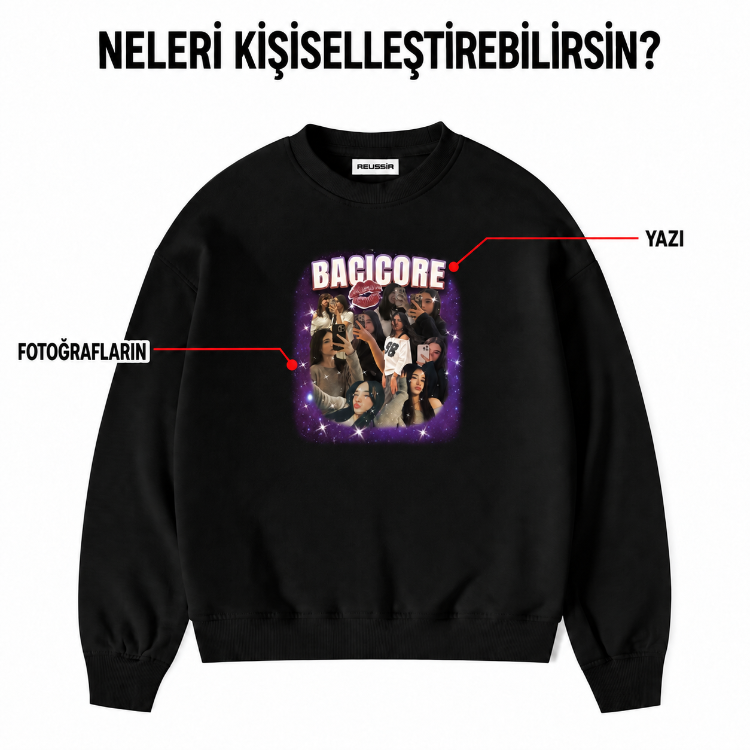 Kişiye özel tasarım baskılı kapşonsuz oversize sweatshirt