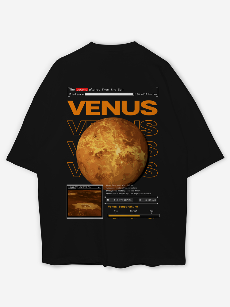 Venüs Baskılı Oversize Siyah T-shirt