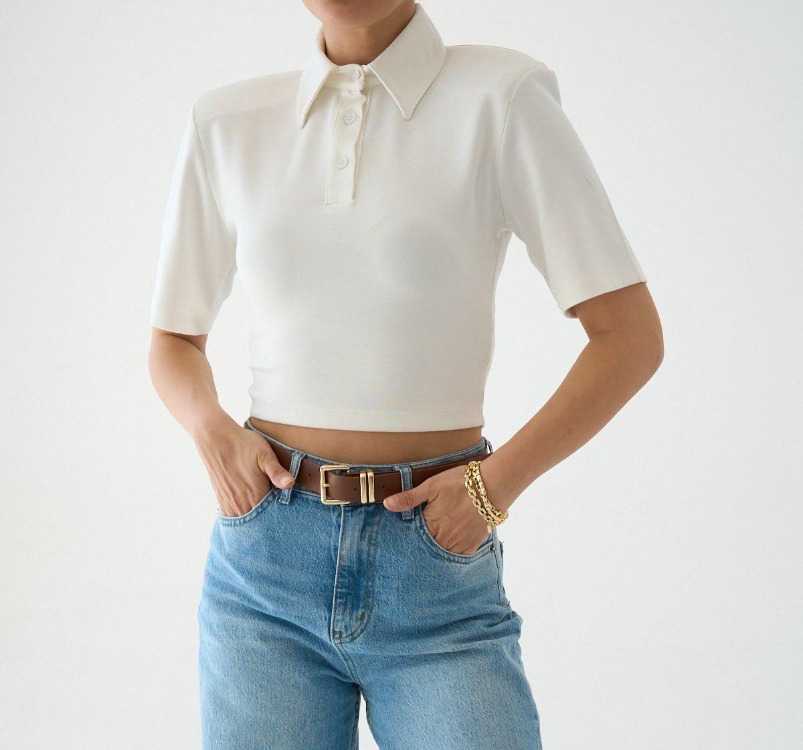 Düğmeli Polo Yaka Siyah Crop Tişört