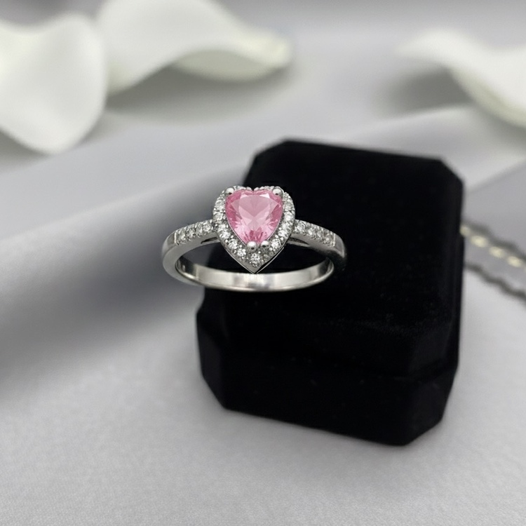 Gümüş Renk Pembe Kalp Şekil Lovely Yüzük