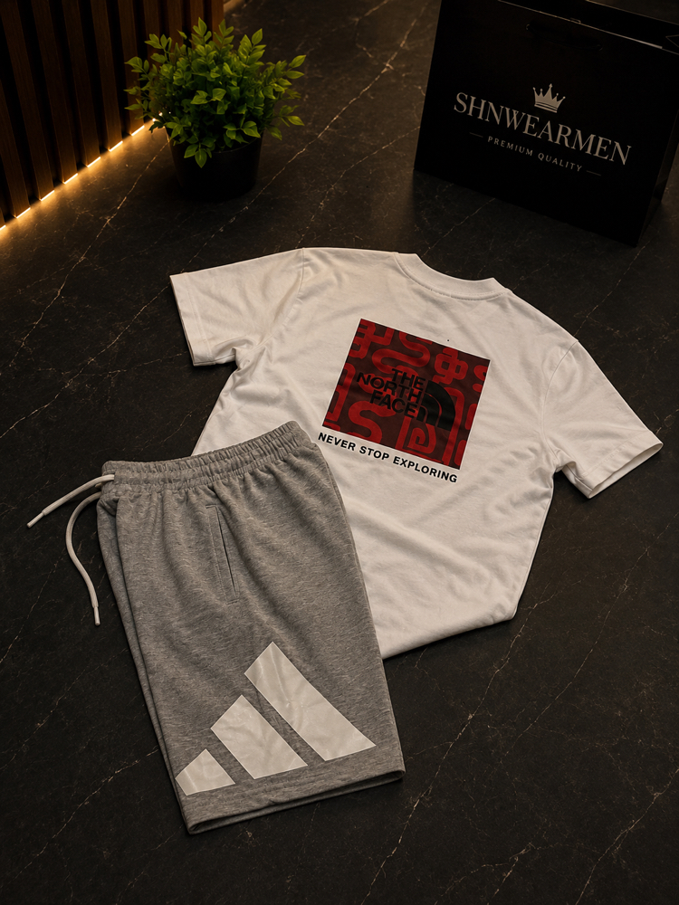 North Face x Adidas Yan Baskılı Şort Kombini