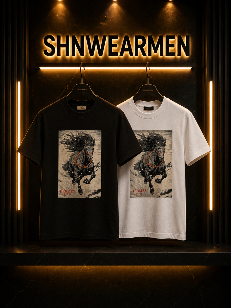 Hermes At Desenli Premium Oversize T-Shirt Siyah/Beyaz
