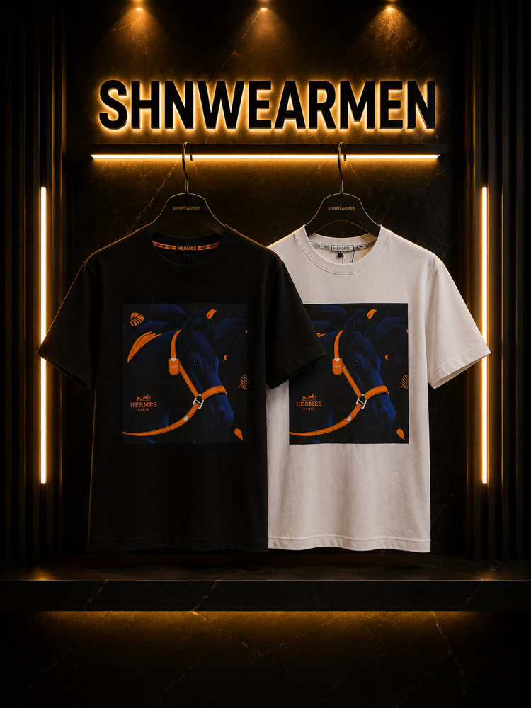 Hermes At Desenli Premium Oversize T-Shirt Siyah/Beyaz