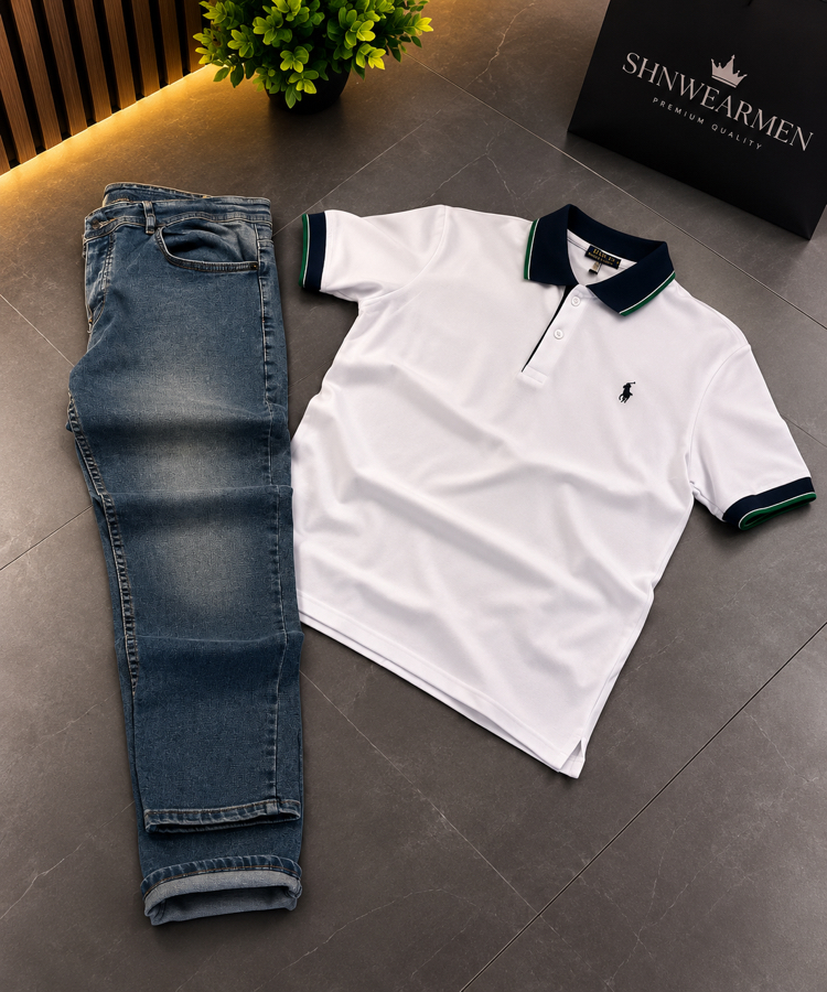 Lacivert Denim Jean Pantolon Beyaz Polo T-shirt