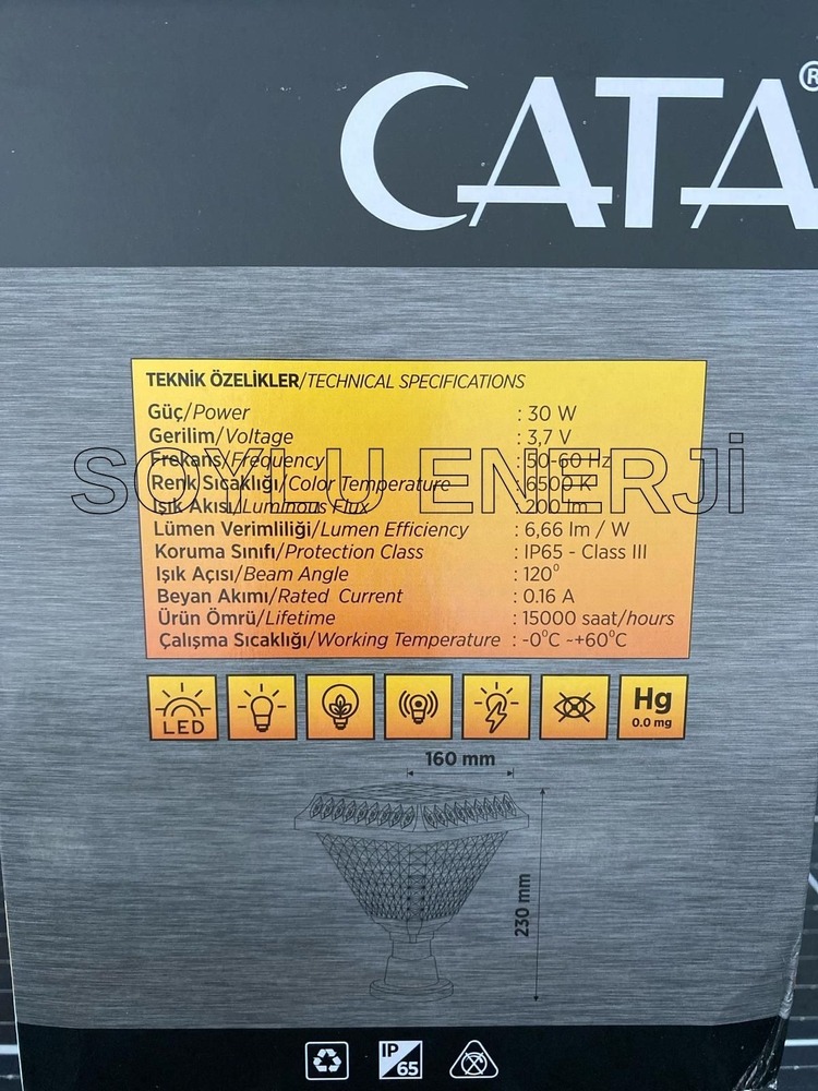 Ct-7315 30 WATT Solar Set Üstü Bahçe Armatürü Beyaz 20cm
