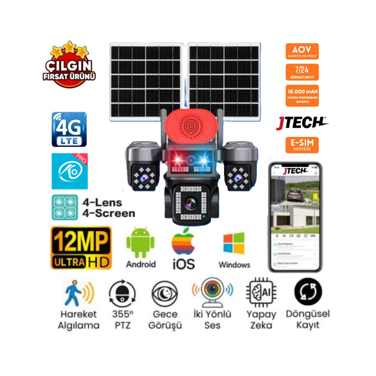 O-Kam Ok-331 Premi̇um 4G 12Mp 4G Si̇m Kartlı Solar Panelli̇ 4 Lens