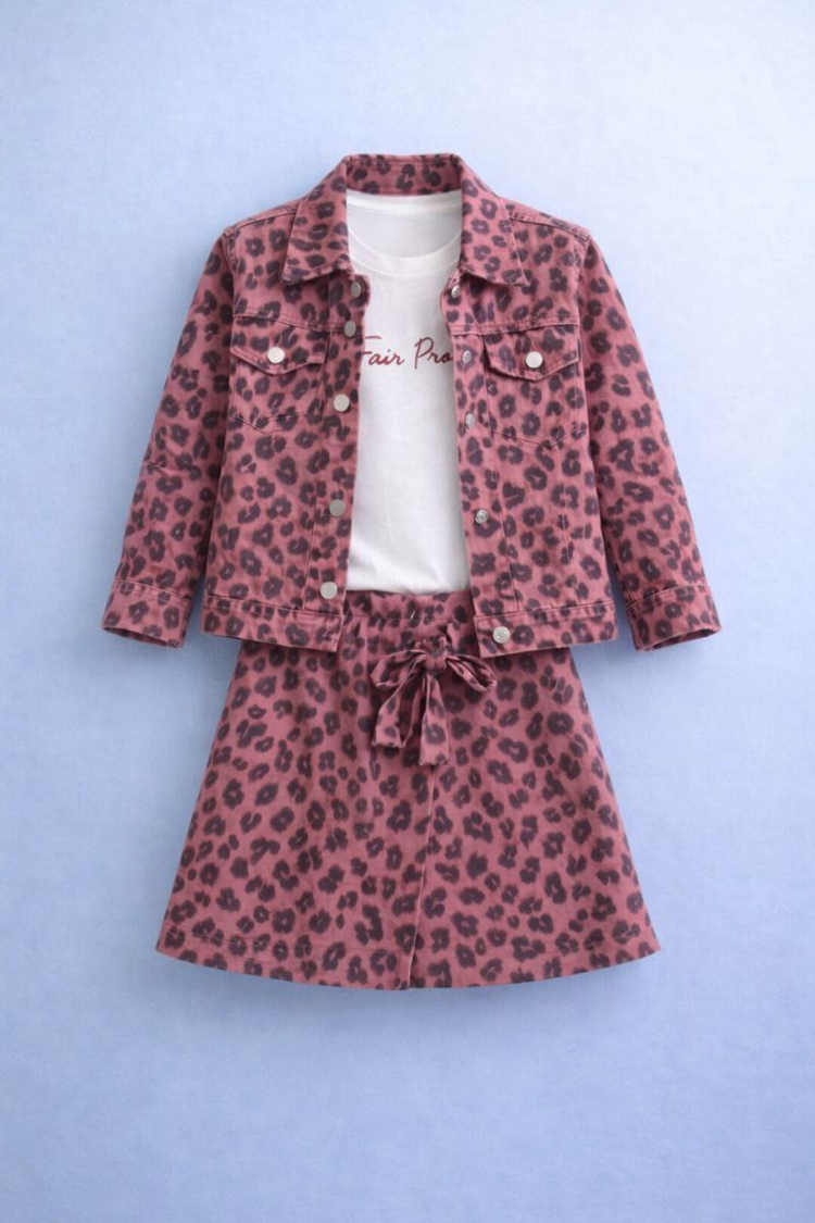 Pembe leoparlı şort etekli kot takım