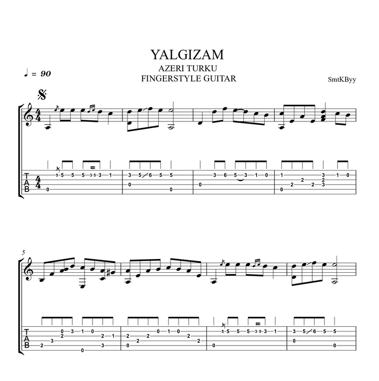 Yalgızam - Azeri Türkü Fingerstyle Gitar Tab / Nota