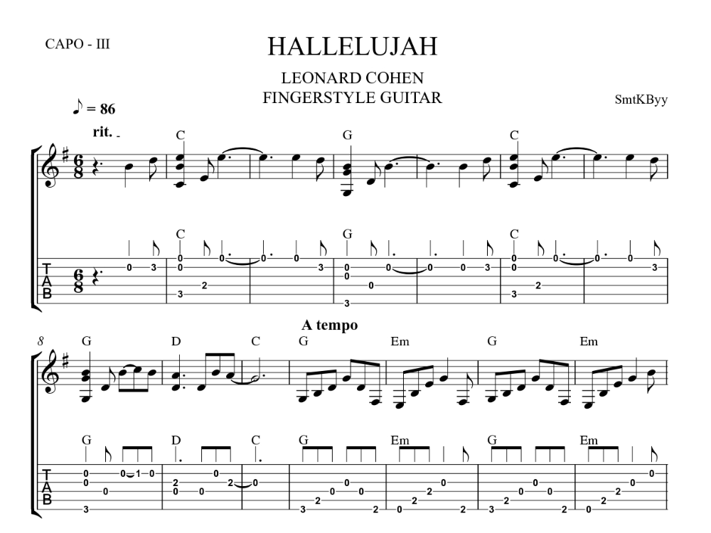 Leonard Cohen - Hallelujah Fingerstyle Guitar Tab / Nota