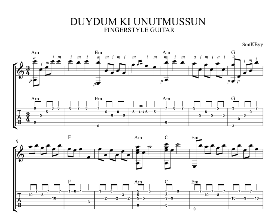 Duydum ki Unutmuşsun Fingerstyle Gitar Tab / Nota