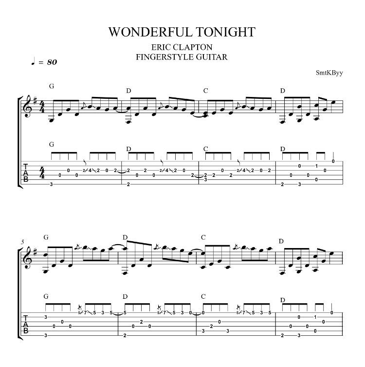 Eric Clapton - Wonderful Tonight Fingerstyle Gitar Tab / Nota