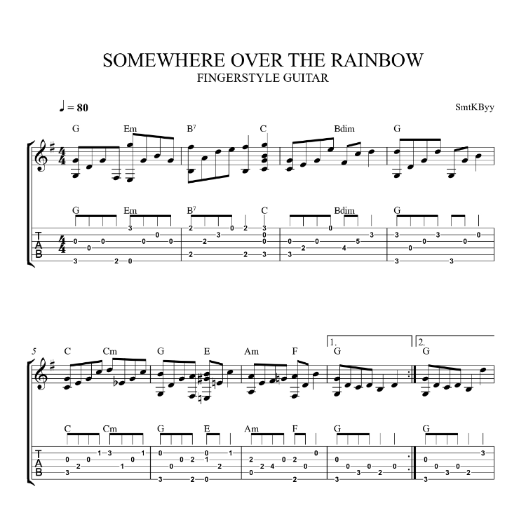 Somewhere Over The Rainbow Fingerstyle Tab / Nota