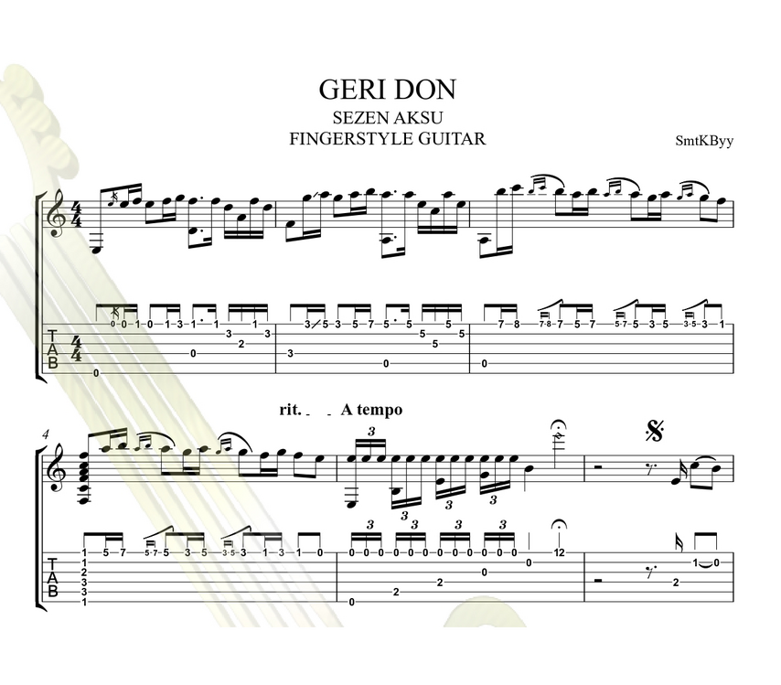Sezen Aksu - Geri Dön Fingerstyle Gitar Tab/Nota