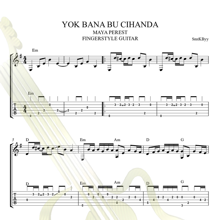 Yok Bana Bu Cihanda Fingerstyle Gitar Tab/ Nota