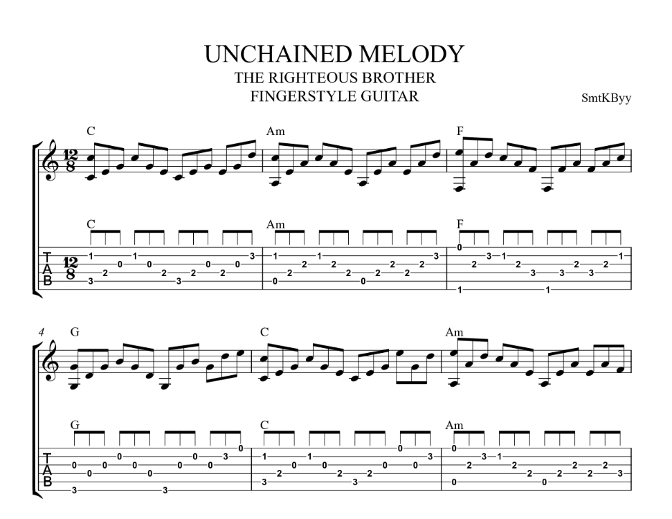 Righteous Brothers - Unchained Melody Fingerstyle Tab / Nota