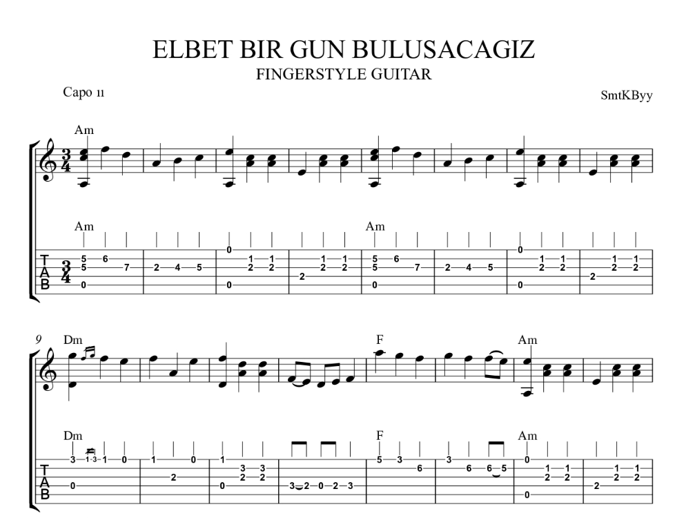 Elbet Birgün Buluşacağız Fingerstyle Guitar Tab/ Nota