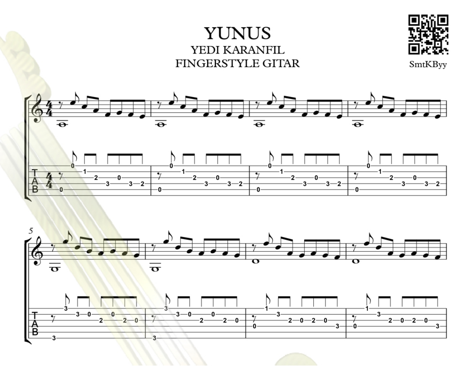 Yedi Karanfil Yunus (Ay Yüzlüm) Fingerstyle Tab/ Nota