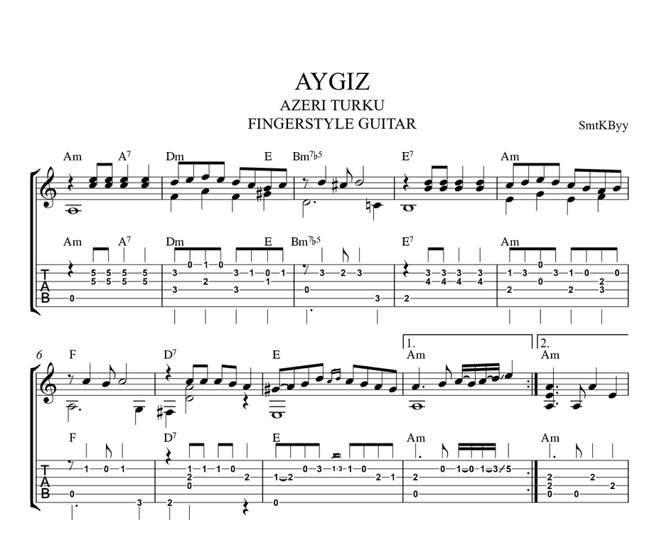 Aygız - Azeri Türkü Fingerstyle Gitar Tab/Nota