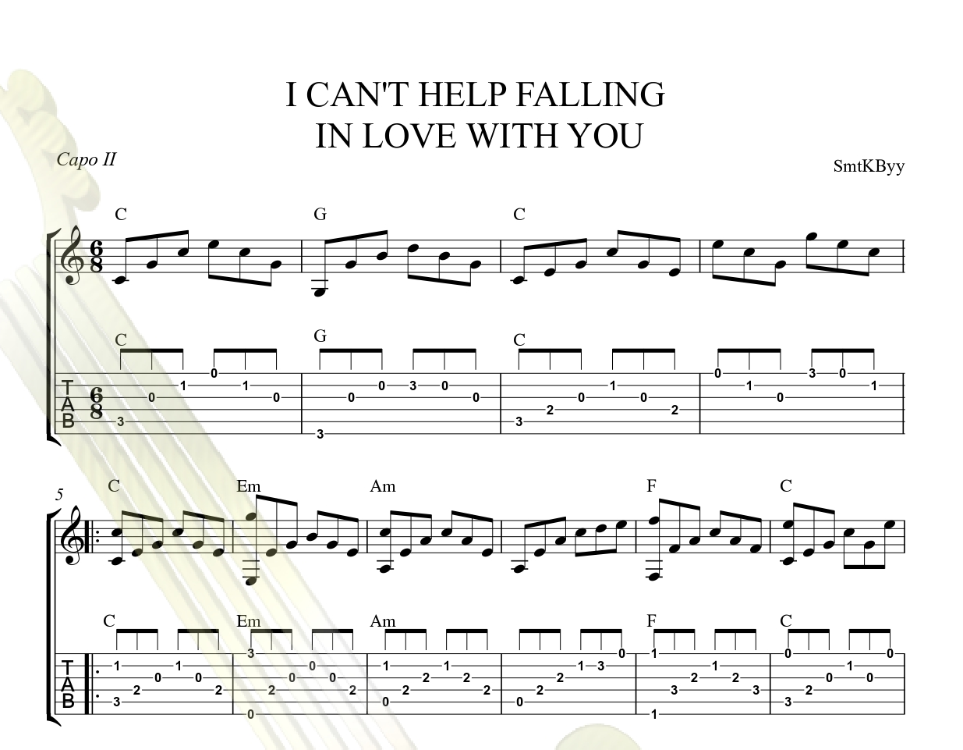 Elvis Presley -  Can't Help Falling In Love Fingerstyle Guitar Tab / Nota