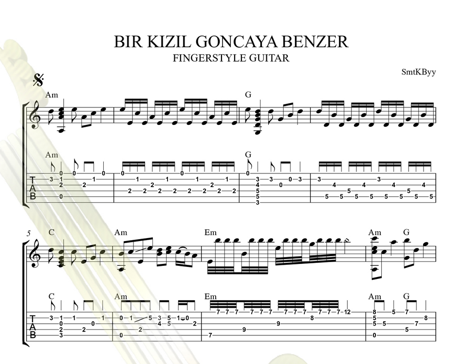 Bir Kızıl Goncaya Benzer Fingerstyle Gitar Tab / Nota