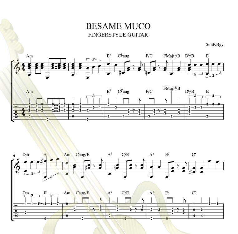 Besame Mucho Fingerstyle Guitar Tab / Nota