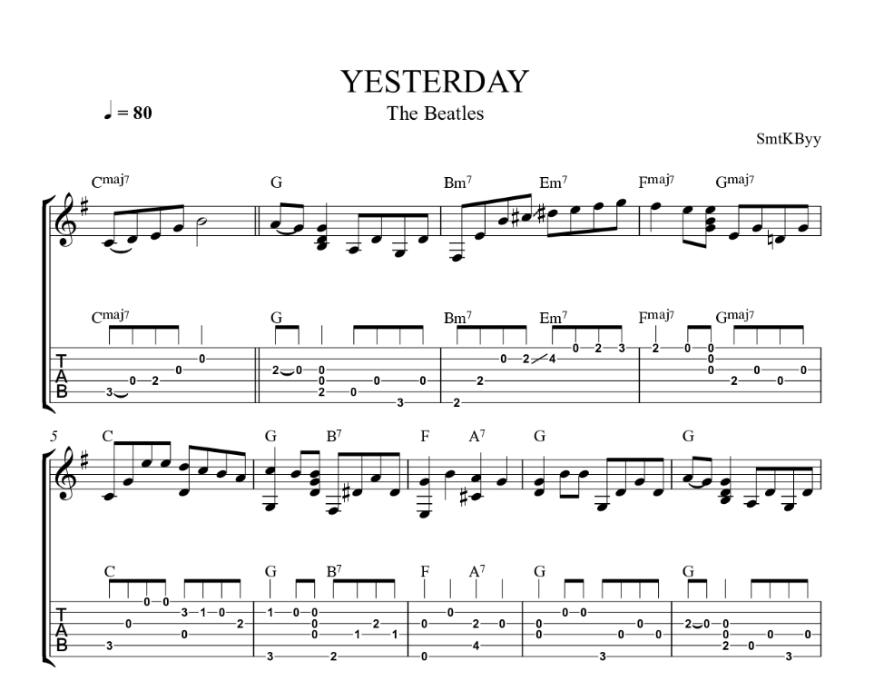 The Beatles - Yesterday Fingerstyle Guitar Tab/Nota
