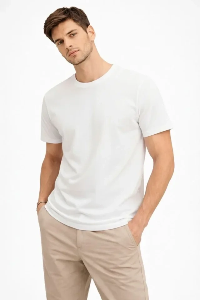 Erkek Bisiklet Yaka Tişört Regular Kalıp Basic Pamuklu Günlük Kullanım T-shirt - Beyaz