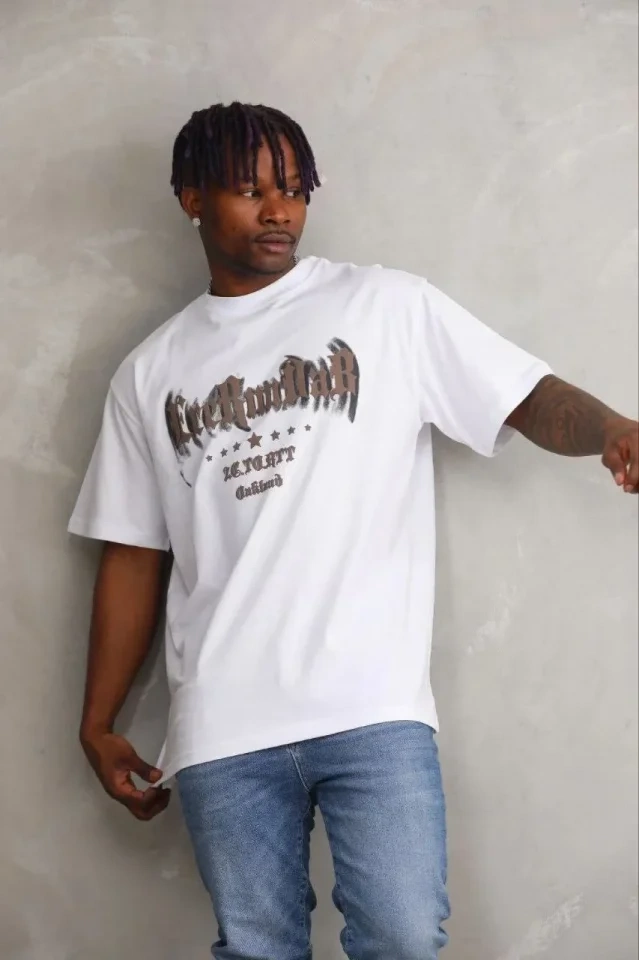 Erkek Baskılı T-Shirt Kısa Kol Bisiklet Yaka Regular Fit Rahat Kalıp Günlük Tişört - Beyaz
