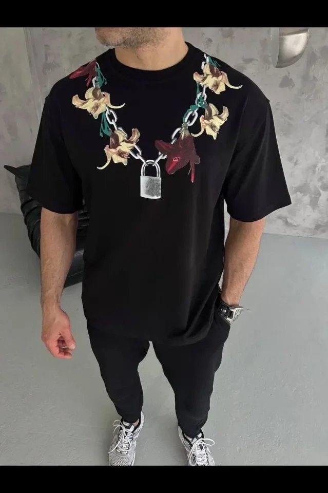 Erkek Baskılı T-Shirt Kısa Kol Bisiklet Yaka Regular Fit Rahat Kalıp Günlük Tişört - Siyah
