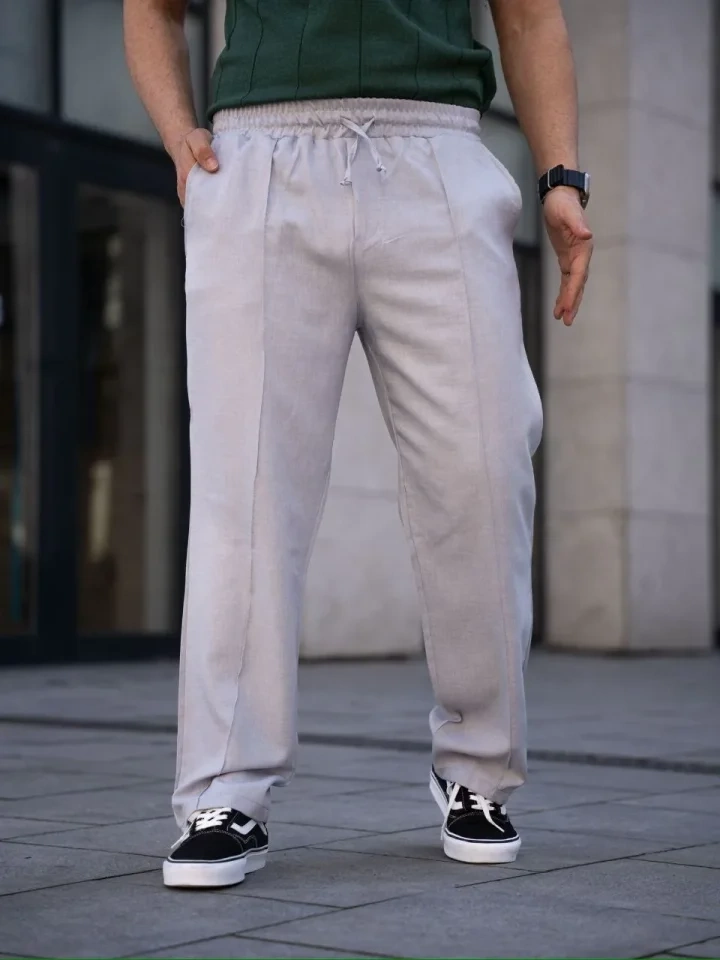 Erkek Keten Cepli Çıma Dikişli Jogger Buggy Pantalon Rahat Kalıp - Gri