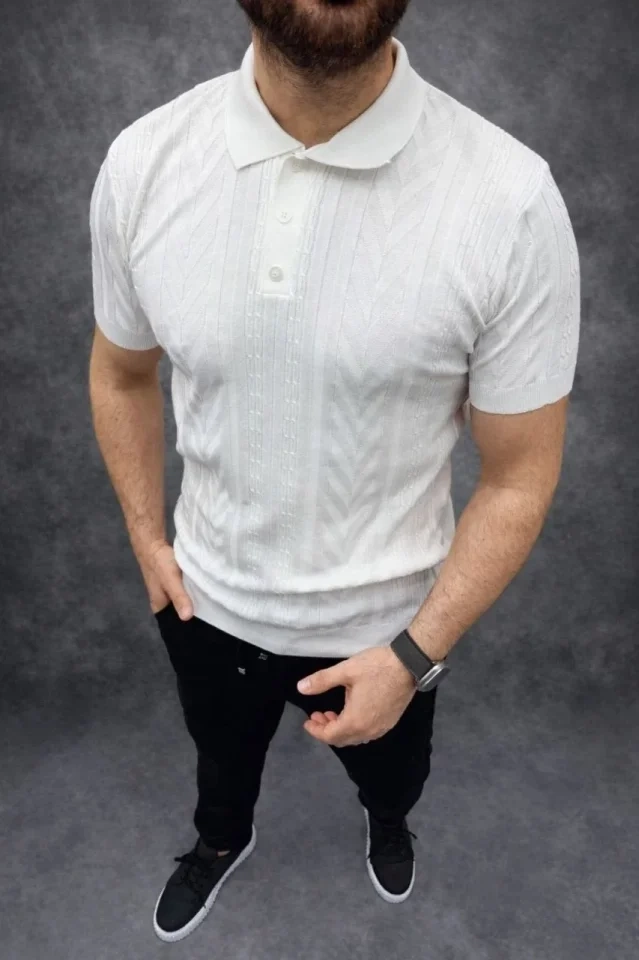 Erkek Yazlık Triko Tişört Kısa Kol Polo Yaka Düğmeli T-Shirt - Beyaz