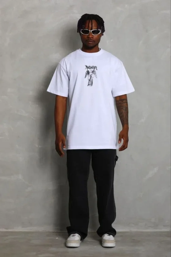 Erkek Baskılı T-Shirt Kısa Kol Bisiklet Yaka Regular Fit Rahat Kalıp Günlük Tişört - Beyaz