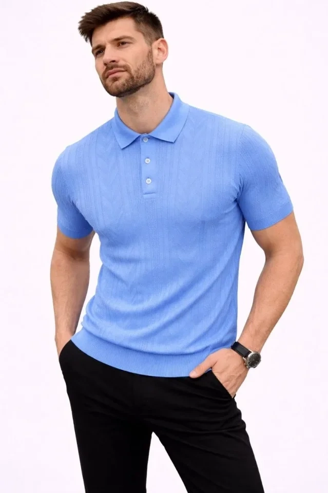 Erkek Yazlık Triko Tişört Kısa Kol Polo Yaka Düğmeli T-Shirt - Bebek Mavisi
