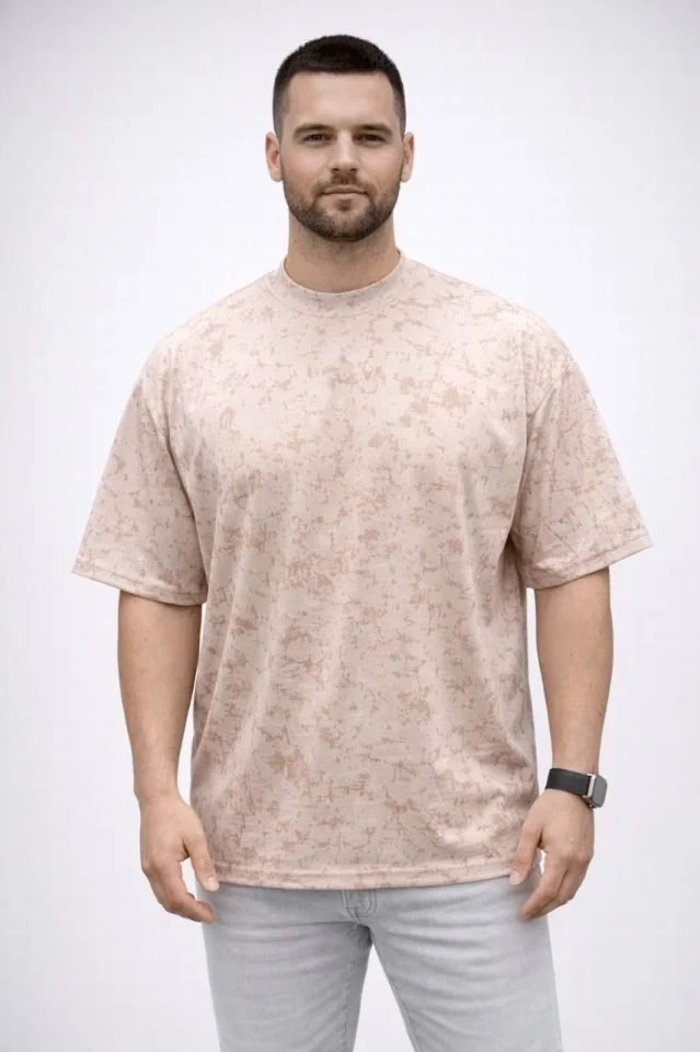 Erkek Premium Tişört OSY Yumuşak Dokulu Yıkamalı Oversize T-Shirt - Bej