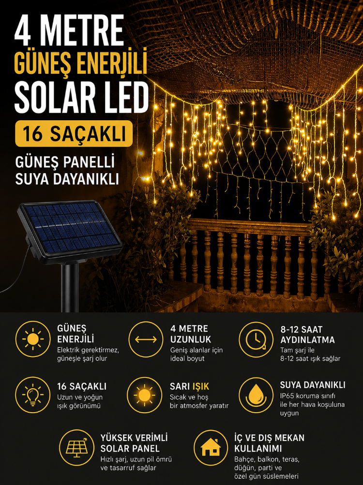 Güneş Enerjili Saçak Led 4 Metre 16 Saçaklı Işık Ip Perde Sarkıt Solar