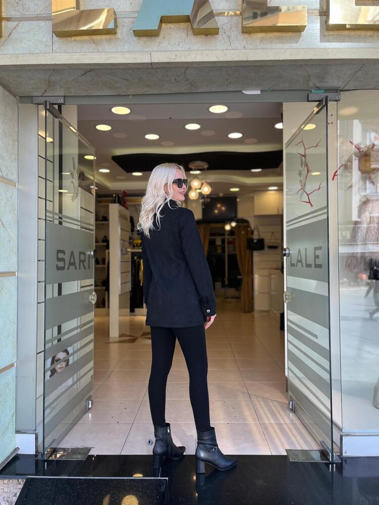 FFermuar Kenarları Boncuku Torba Cepli Ceket Siyah