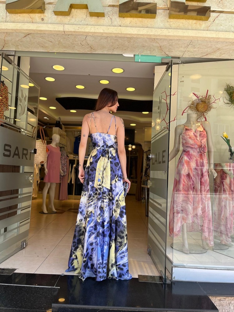 Desenli Saten Gold Zincir Kemerli Maxi Boy Şık Abiye Elbise