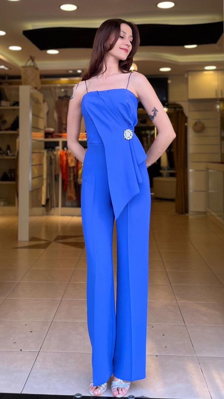 Taşlı Broşlu Aller Drape Detaylı Bol Paça Şık Tulum