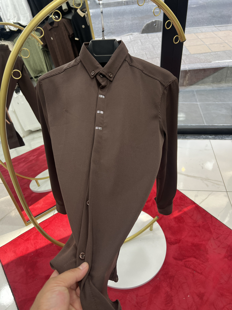 Premium Gizli düğme detay Slim Fit kahve Gömlek