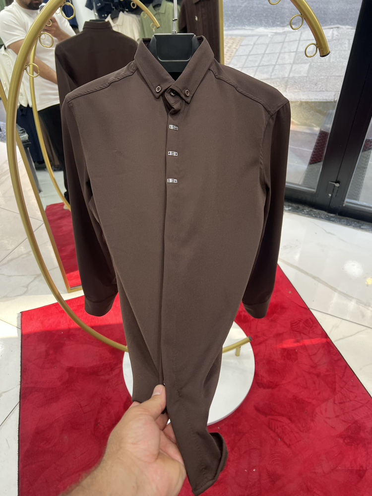 Premium Gizli düğme detay Slim Fit kahve Gömlek