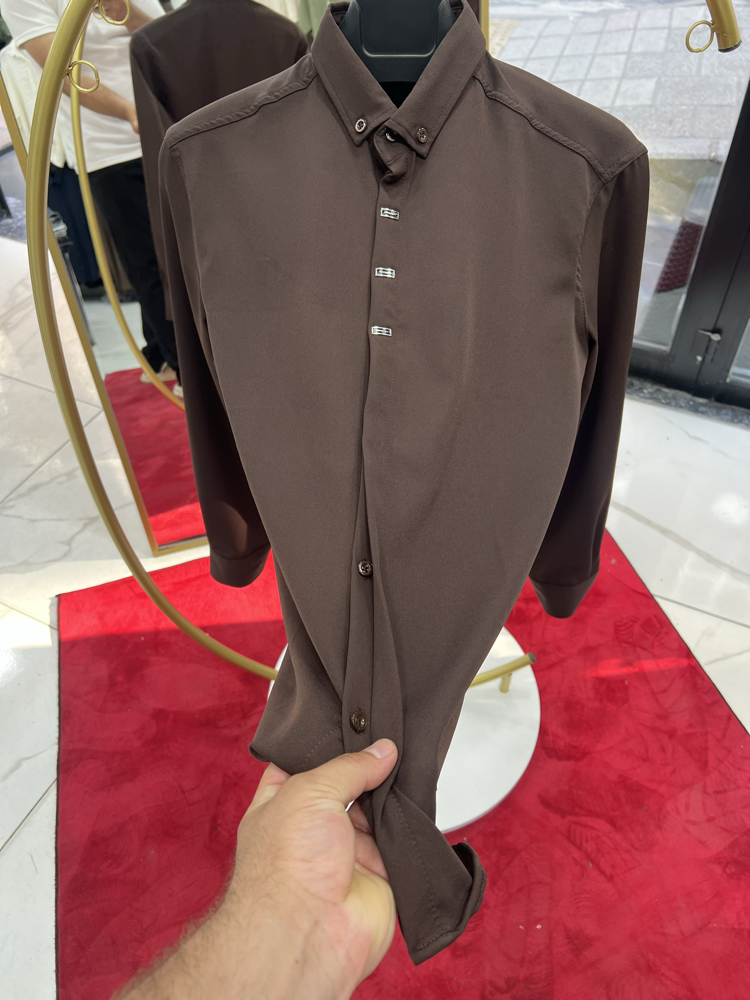 Premium Gizli düğme detay Slim Fit kahve Gömlek