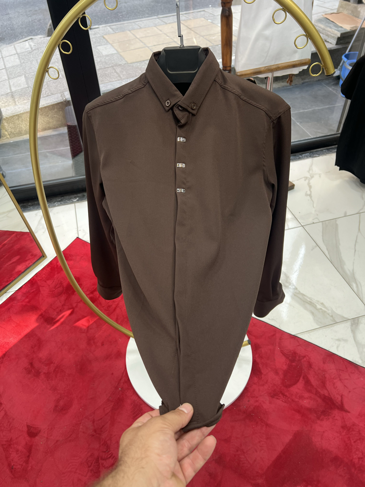 Premium Gizli düğme detay Slim Fit kahve Gömlek
