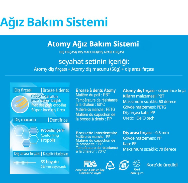 ATOMY, GÜNLÜK KULLANIM, SEYAHAT AĞIZ BAKIM SETİ. YENİ ÜRÜNDÜR.