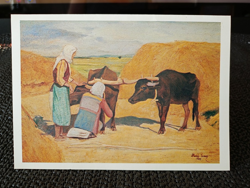 RESSAM HAKKI İNAN 1987 KASTAMONUDA HASAT  KONULU TEBRİK KARTI. ISLAK İMZALI.