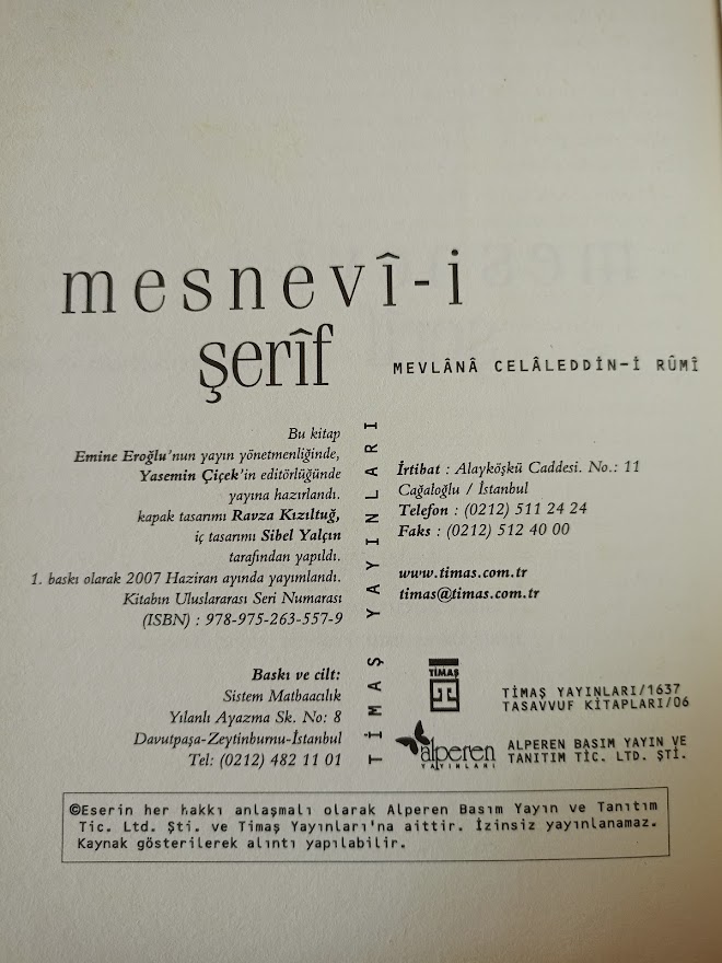 MESNEVİ-İ ŞERİF - TAM METİN, BEZ CİLTLİ, ŞÖMİZLİ 1. BASKI.
