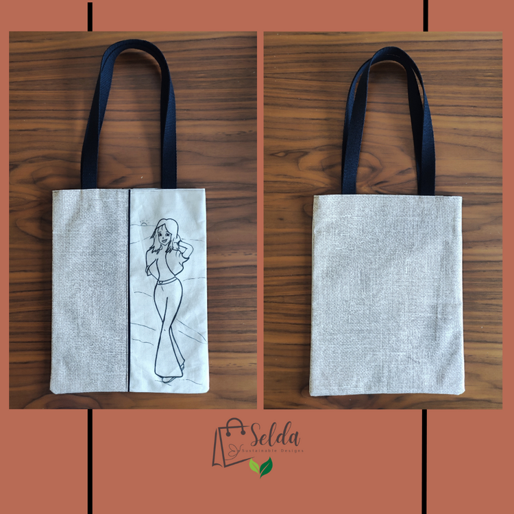 Keten Tote Çanta - At Desenli Pamuk Astarlı - El Çizimi - El Yapımı - Kişiye Özel Tasarım