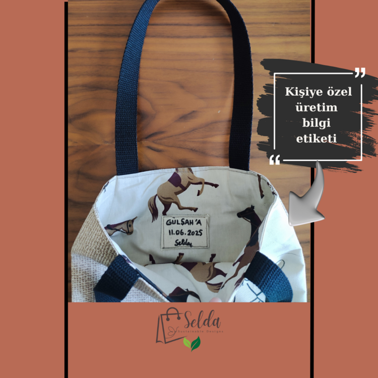 Keten Tote Çanta - At Desenli Pamuk Astarlı - El Çizimi - El Yapımı - Kişiye Özel Tasarım